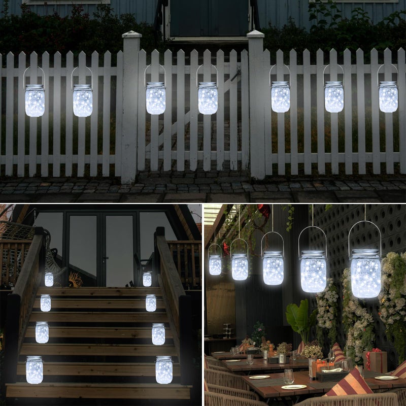 SmilingTown Solar Mason Jar Lights 10 Pack 20 LED Waterproof Outdoor Fairy Firefly String Light Lids with 10 Hangers Rust Resist for Patio Lawn Garden Wedding Lantern Decor No Jars (Cool White) - Image 2